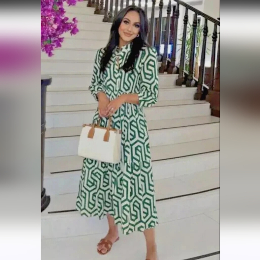 Green White Ecru Geometric Print Shirt Tunic Karen Maxi Dress 3XL - Picture 2 of 5